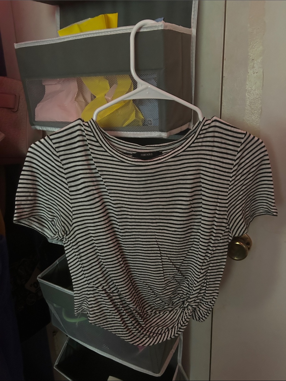 Forever 21 Black & White Striped Knot-Front Crop Tee